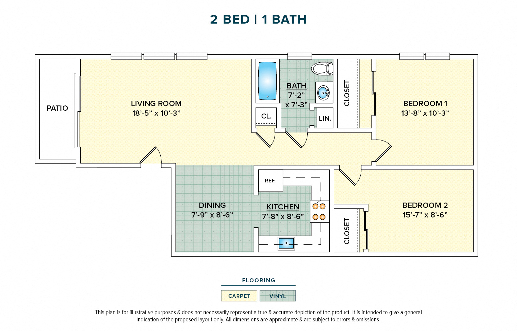 Floor plan for 2 beds, 1 bath, 675 sqft
